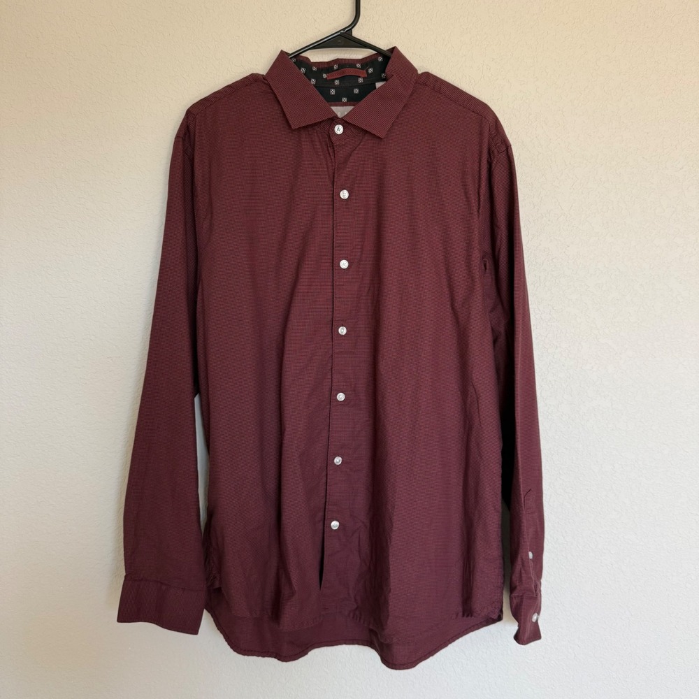 Ted Baker Mens Burgundy Micro Houndstooth Button Down Shirt Long Sleeve Cotton